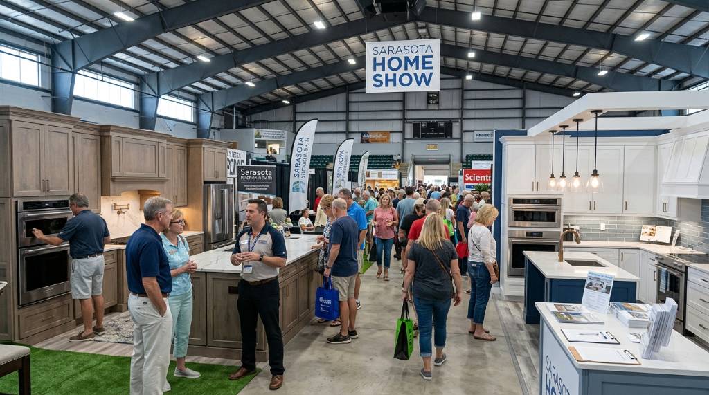 Visitors browsing kitchen displays at the Sarasota home show in Robarts Arena