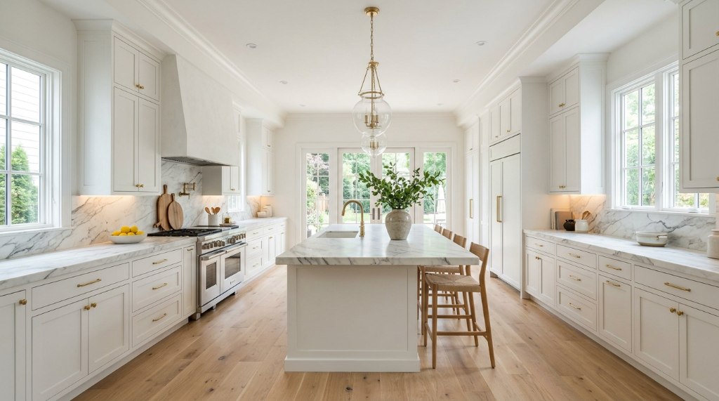 Modern renovated kitchen with white cabinets and marble countertops on display